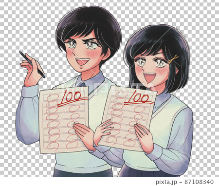 Retro cartoon-style students rejoicing with 100 answers 87108340