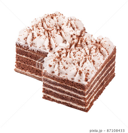 Chocolate sponge cake with mascarpone layers and whipped cream Chocolate sponge cake with mascarpone layers and whipped cream 87108433