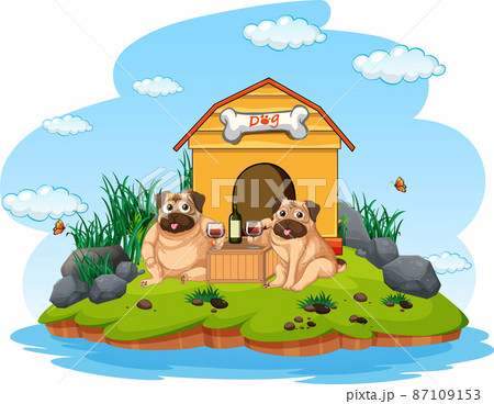 Two pugs drinking wine by the doghouse Two pugs drinking wine by the doghouse 87109153