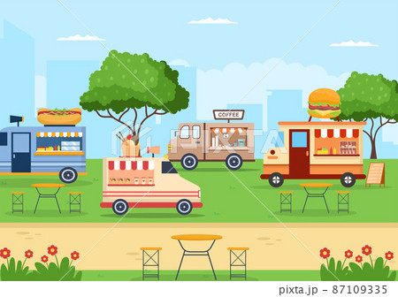 Outdoor Street and Food Truck Serving Fast Food such as Pizza, Burger, Hot Dog or Tacos in Flat Cartoon Background Poster Illustration Outdoor Street and Food Truck Serving Fast Food such as Pizza, Burger, Hot Dog or Tacos in Flat Cartoon Background Poster Illustration 87109335
