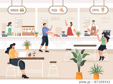 People Eating in Food Court in the Middle of a Shopping Center Serving Fast Food Such as Pizza, Burgers or Tacos in the Form of Cartoon Flat Vector Illustration 87109342