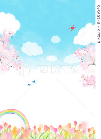 桜　チューリップ　背景素材　水彩イラスト 87109545