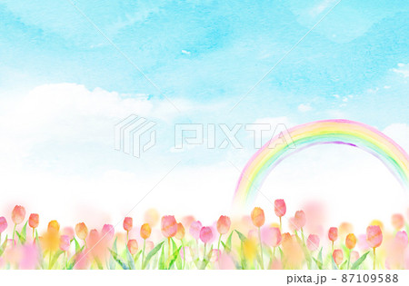 桜 チューリップ 背景素材 水彩イラストのイラスト素材
