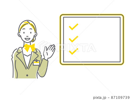 チェックリストを見せるスーツの女性 シンプルでお洒落な線画イラスト チェックリストを見せるスーツの女性 シンプルでお洒落な線画イラスト 87109739