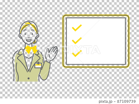 チェックリストを見せるスーツの女性 シンプルでお洒落な線画イラスト チェックリストを見せるスーツの女性 シンプルでお洒落な線画イラスト 87109739