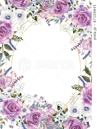 Geometric floral frame with purple roses and anemones in a glass vase on a white isolated background. Hand-drawn watercolor illustration 87109845