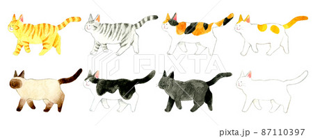 猫のかわいい手描き水彩イラストセット　色々な柄の歩く猫の手描きイラスト素材集 87110397