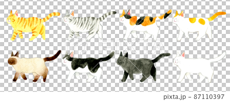 猫のかわいい手描き水彩イラストセット　色々な柄の歩く猫の手描きイラスト素材集 87110397
