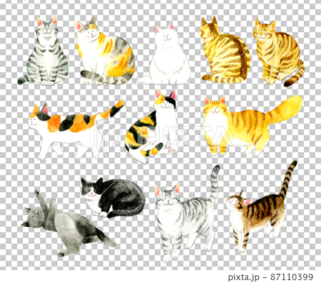 猫のかわいい手描き水彩イラストセット 色々な柄・ポーズの猫の手描きイラスト素材集 猫のかわいい手描き水彩イラストセット 色々な柄・ポーズの猫の手描きイラスト素材集 87110399