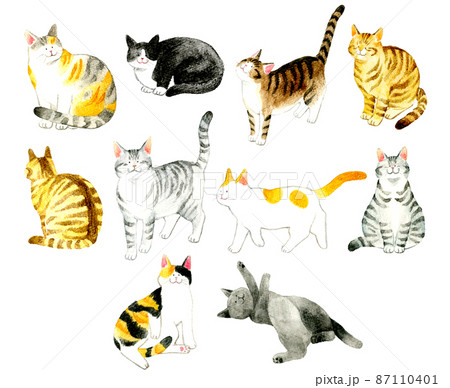 猫のかわいい手描き水彩イラストセット 色々な柄 ポーズの猫の手描きイラスト素材集のイラスト素材