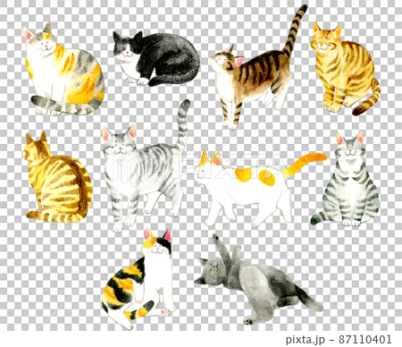 猫のかわいい手描き水彩イラストセット　色々な柄・ポーズの猫の手描きイラスト素材集 87110401