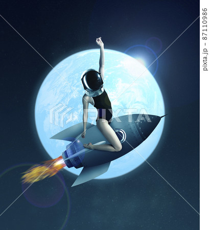 Contemporary art collage young girl flying on rocket on outer space background. Concept of astronautics, dreams, astronomy, art, Day of Human Space Flight 87110986