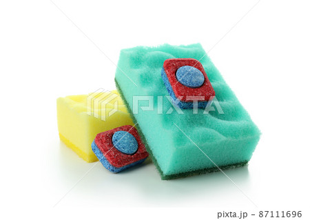 Concept of Dishwashing detergent accessories isolated on white background Concept of Dishwashing detergent accessories isolated on white background 87111696