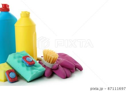 Concept of Dishwashing detergent accessories isolated on white background 87111697