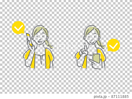 A simple and stylish line drawing illustration of a woman who uses a smartphone to complete procedures over the phone and the Internet. 87111885