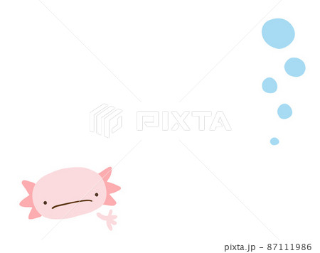 かわいい困った顔のウーパールーパーとあぶくのフレーム 手描きイラスト素材のイラスト素材