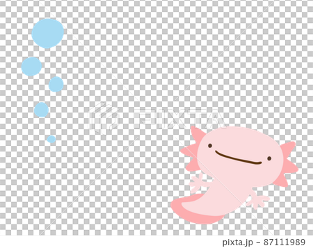かわいい笑顔のウーパールーパーとあぶくのフレーム／手描きイラスト素材 87111989