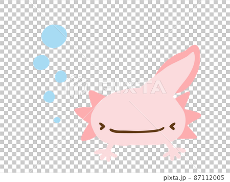 かわいい笑顔のウーパールーパーとあぶく／手描きイラスト素材 87112005