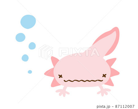 かわいい困った顔のウーパールーパーとあぶく／手描きイラスト素材 87112007