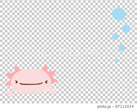 かわいい笑顔のウーパールーパーとあぶくのフレーム／手描きイラスト素材 87112014