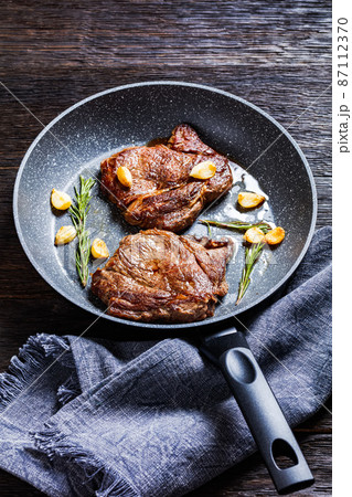 fried juicy chuck eye beef steaks, top view fried juicy chuck eye beef steaks, top view 87112370