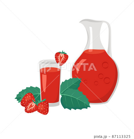 Jug and glass of red strawberry juice or drink with berries and leaves. Sweet delicious food and beverage. Vector flat illustration Jug and glass of red strawberry juice or drink with berries and leaves. Sweet delicious food and beverage. Vector flat illustration 87113325