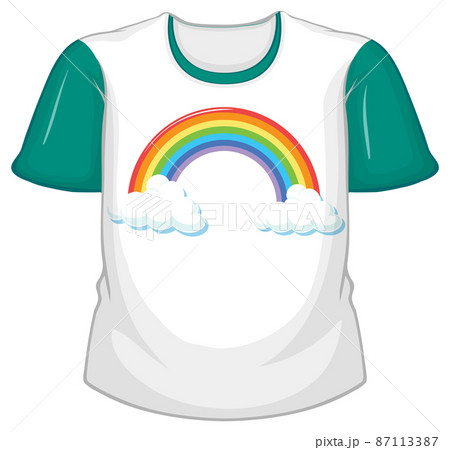 A white t shirt with green sleeves on white background 87113387