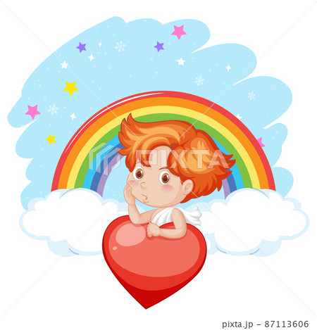 Angel boy holding a red heart on rainbow background Angel boy holding a red heart on rainbow background 87113606