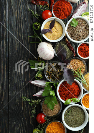 Concept of aromatic spices on rustic wooden table Concept of aromatic spices on rustic wooden table 87113716