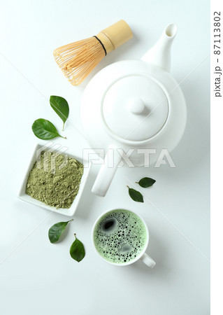 Concept of japanese tea with matcha on white background Concept of japanese tea with matcha on white background 87113802