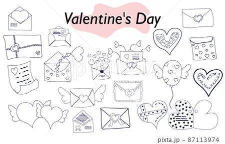A set of items for Valentines Day. Envelopes, valentines, letters. In linear design. A symbol of love and a Valentines Day holiday. Vector illustration. 87113974