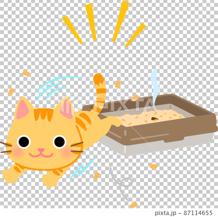 猫用トイレから砂を散らしながら出る猫 87114655