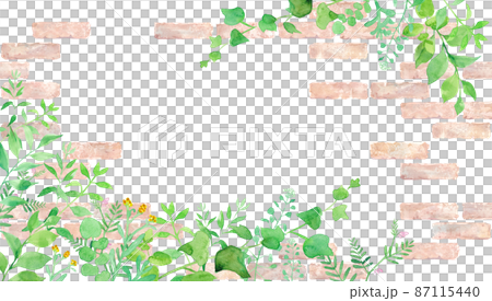 グリーンの草花とレンガの装飾フレーム。水彩イラスト。 87115440