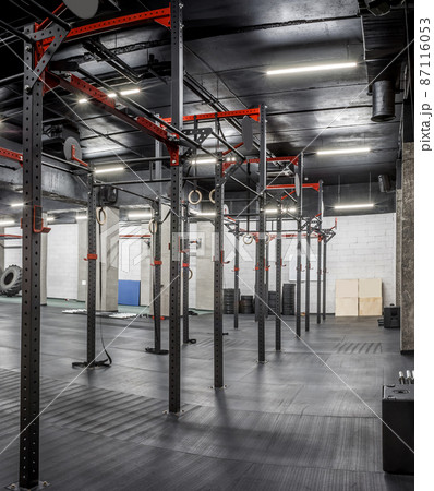 Modern interior of empty gym for crossfit. Special equipment in spacious, well lit room. Horizontal bars, gymnastic rings. Sport, fitness 87116053