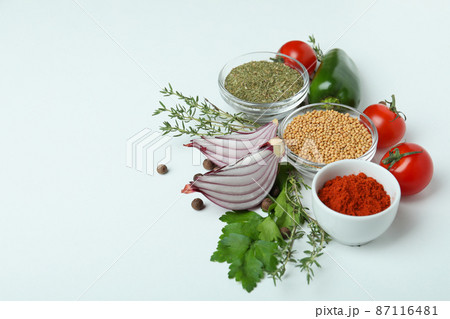 Concept of aromatic spices on white background Concept of aromatic spices on white background 87116481