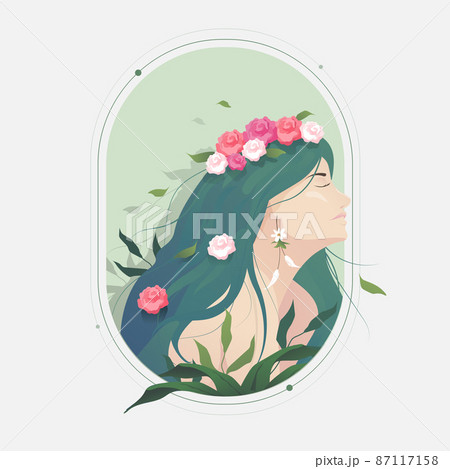Portrait of woman with rose flowers and leaves in nature art frame. 8 march background. International happy women's day. Vector illustration Portrait of woman with rose flowers and leaves in nature art frame. 8 march background. International happy women's day. Vector illustration 87117158