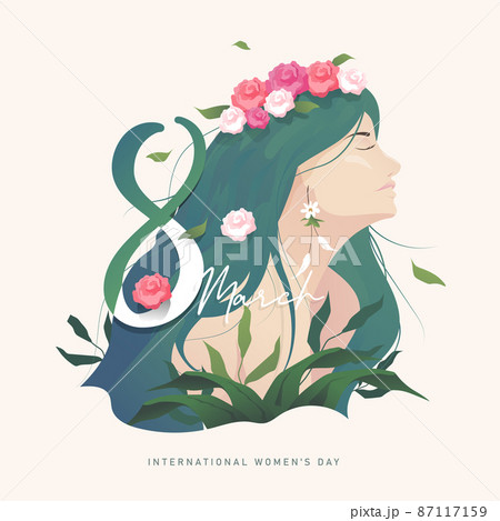 8 march background. International happy women's day. Portrait art of woman with rose flowers and leaves in nature. Vector illustration 8 march background. International happy women's day. Portrait art of woman with rose flowers and leaves in nature. Vector illustration 87117159
