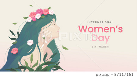 8 march background. International happy women's day. Portrait art of woman with rose flowers and leaves in nature. Vector illustration 8 march background. International happy women's day. Portrait art of woman with rose flowers and leaves in nature. Vector illustration 87117161