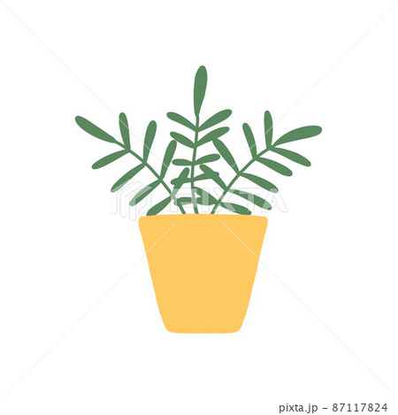 Houseplant in a pot. Cute houseplant in a yellow pot. Beautiful plant with green leaves. Vector illustration in hand drawn style. Houseplant in a pot. Cute houseplant in a yellow pot. Beautiful plant with green leaves. Vector illustration in hand drawn style. 87117824