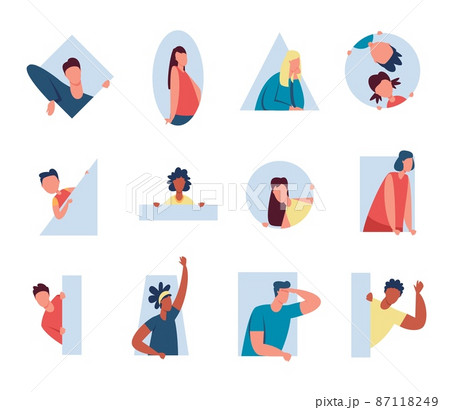 People peeping out window and peeking behind wall. Male and female characters looking out of various shapes, spying person vector set People peeping out window and peeking behind wall. Male and female characters looking out of various shapes, spying person vector set 87118249
