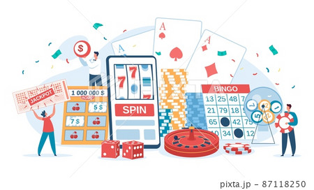 Online casino gambling, lucky people winning jackpot. Characters playing slot machine, bingo, roulette, lottery winners vector illustration Online casino gambling, lucky people winning jackpot. Characters playing slot machine, bingo, roulette, lottery winners vector illustration 87118250