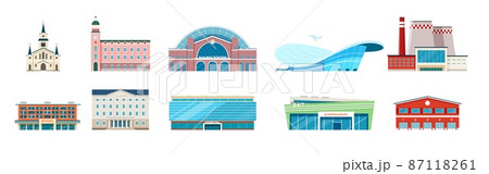 Modern urban municipal buildings, bank, hospital, town hall. Flat city building, airport school, factory, town architecture vector set 87118261