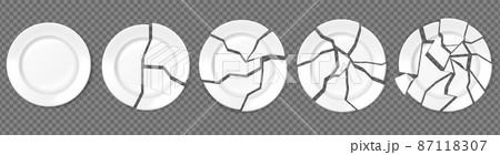 Broken plates, shattered food plate, cracked porcelain dishes. Realistic empty white dish broke into pieces, ceramic shards vector set Broken plates, shattered food plate, cracked porcelain dishes. Realistic empty white dish broke into pieces, ceramic shards vector set 87118307