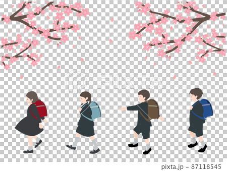 插圖素材：一組背著書包在櫻花映襯下歡快行走的孩子 87118545