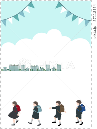 Illustration material: A set of children walking cheerfully with a school bag on their backs against the backdrop of a garland and the cityscape. Illustration material: A set of children walking cheerfully with a school bag on their backs against the backdrop of a garland and the cityscape. 87118554