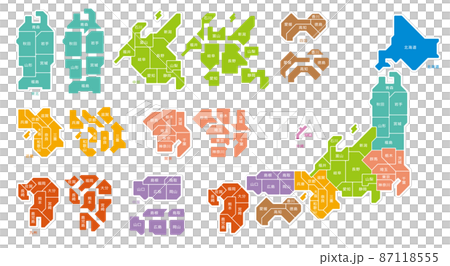 日本地図 色分け 都道府県 イラスト 白バック 日本地図 色分け 都道府県 イラスト 白バック 87118555