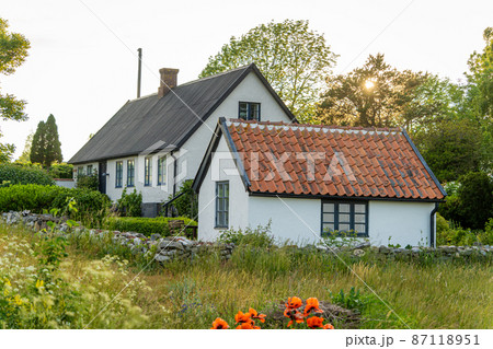 Image of beautiful garden with apple trees, flowers and scandinavian style summer house Image of beautiful garden with apple trees, flowers and scandinavian style summer house 87118951