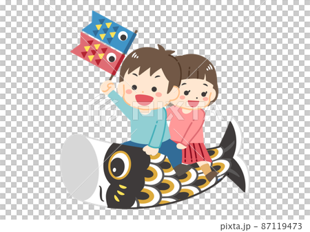 こいのぼりに乗っている子供達のイラスト　端午の節句　こどもの日／線画なし 87119473