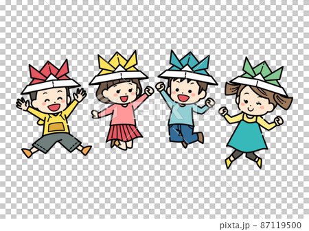 折り紙の兜を被ってジャンプする子供達のイラスト 端午の節句 こどもの日 折り紙の兜を被ってジャンプする子供達のイラスト 端午の節句 こどもの日 87119500