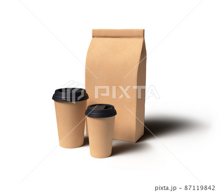 Coffee Paper Cup and Bag on White Background for Mockup and Template. 3D Illustration. File with Clipping Path. 87119842